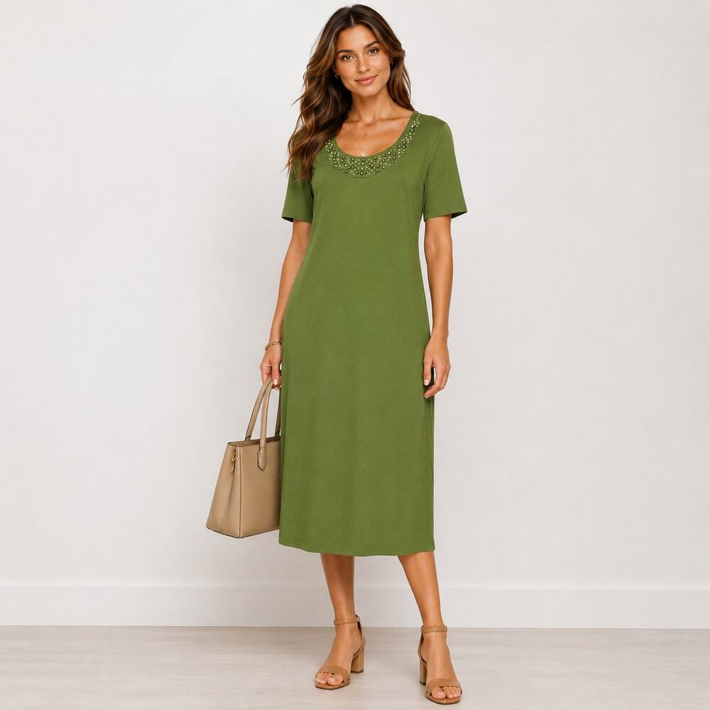Susan Graver Embellished Dress Womens Size M Olive Green Soft Rayon Blend Office